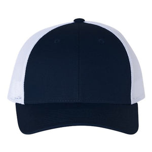 A structured Richardson 115 Low Pro Snapback Trucker Cap - Custom Leather Patch Hat in navy and white on a white background.
