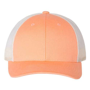 A Richardson 115 Low Pro Snapback Trucker Cap in an orange and white colorway on a white background.