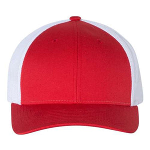 A Richardson 115 Low Pro Snapback Trucker Cap with custom leather patch on a white background.