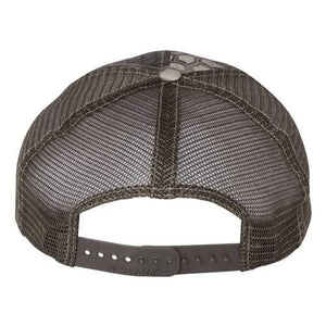 A gray polyester Richardson hat with a metal buckle.
