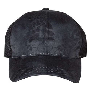 A black Richardson 111P Washed Printed Snapback Trucker Hat with a snake print on it.