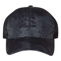 The Richardson 111P Washed Printed Snapback Trucker Hat by Richardson is a black cap with a hexagonal print, mesh side panels, and an adjustable snapback closure, custom embroidered for style and fit.