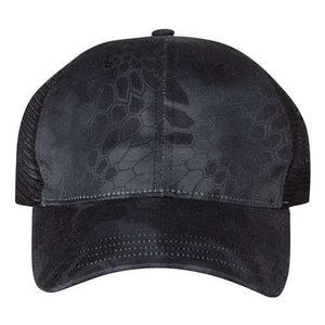 The Richardson 111P Washed Printed Snapback Trucker Hat by Richardson is a black cap with a hexagonal print, mesh side panels, and an adjustable snapback closure, custom embroidered for style and fit.