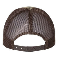 A Richardson 111P Washed Printed Snapback Trucker Hat with a mesh back made of polyester.