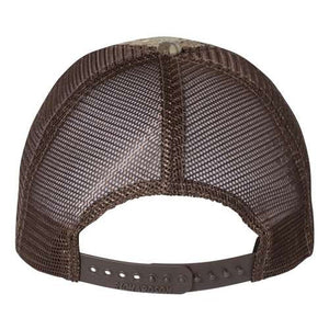 A Richardson 111P Washed Printed Snapback Trucker Hat with a mesh back made of polyester.