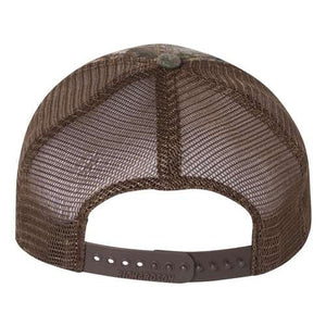 Rear view of the Richardson 111P Washed Printed Snapback Trucker Hat, featuring Mossy Oak Camo, brown mesh back, and an adjustable snapback closure. Custom embroidery available.
