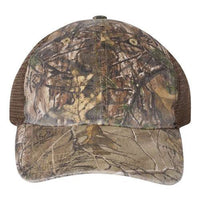 The Richardson 111P Washed Printed Snapback Trucker Hat features a Mossy Oak Camo design in brown and green, mesh back, snapback closure, and custom embroidery.