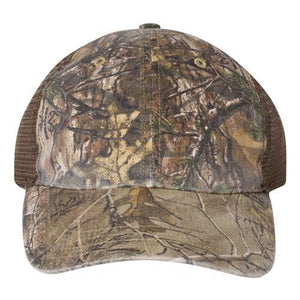 The Richardson 111P Washed Printed Snapback Trucker Hat features a Mossy Oak Camo design in brown and green, mesh back, snapback closure, and custom embroidery.