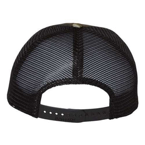 The Richardson 111P Washed Printed Snapback Trucker Hat features a black mesh back, adjustable snapback closure, and Realtree-inspired style. Custom embroidery available.