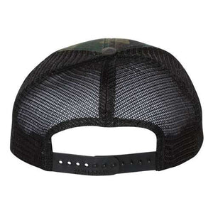 The Richardson 111P Washed Printed Snapback Trucker Hat features a black mesh back, adjustable snapback closure, custom embroidery, and Realtree detailing for a rugged outdoor style.