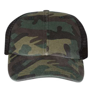 Front view of a Richardson 111P Washed Printed Snapback Trucker Hat by Richardson, featuring Mossy Oak camo, curved brim, black mesh sides and back, and an adjustable snapback closure. Custom embroidery available.