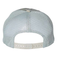 A rear view of the Richardson 111P Washed Printed Snapback Trucker Hat shows its light gray mesh back and adjustable white snapback closure, custom embroidered—ideal for pairing with your favorite Mossy Oak Camo gear.