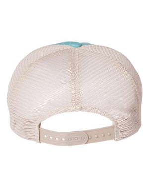 Back view of the Sportsman Pigment-Dyed Snapback Trucker Hat - Custom Embroidered Hat in beige mesh, featuring a six-panel construction with an adjustable plastic strap.