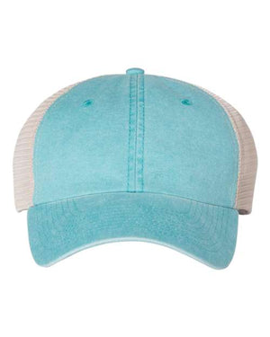 A teal and white Sportsman Pigment-Dyed Snapback Trucker Hat on a white background features a visor made of cotton/polyester fabric.