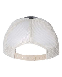 A rear view of the Sportsman Pigment-Dyed Snapback Trucker Hat - Custom Embroidered Hat, featuring a low-profile mesh design in white, made from a cotton/polyester blend, with an adjustable plastic snap closure and a classic six-panel construction.