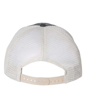 A low-profile white and black Sportsman trucker hat with a visor on a white background.