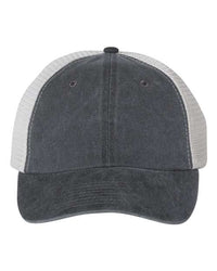 A front view of the Sportsman Pigment-Dyed Snapback Trucker Hat - Custom Embroidered Hat, featuring a dark gray, low-profile design with a white mesh back. This six-panel design is crafted from a durable blend of cotton and polyester.