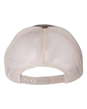 A back view of the Sportsman Pigment-Dyed Snapback Trucker Hat by Sportsman in beige, showcasing its adjustable snapback closure, low-profile design, and pre-curved visor.