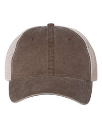 A front view of the Sportsman Pigment-Dyed Snapback Trucker Hat - Custom Embroidered Hat, featuring a low-profile design, with a brown and beige color scheme, pre-curved visor, and mesh back.