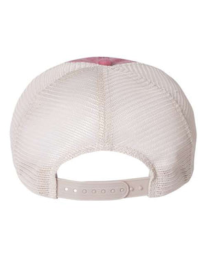 Back view of the Sportsman Pigment-Dyed Snapback Trucker Hat - Custom Embroidered Hat by Sportsman, showcasing a low-profile, white mesh trucker hat with a cotton/polyester blend, a six-panel design, and a plastic snapback closure.