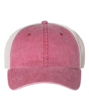 A pink Sportsman trucker hat featuring a cotton/polyester blend and visor.