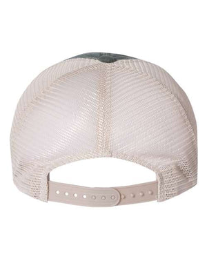 A white low-profile hat with a mesh back Sportsman Pigment-Dyed Snapback Trucker Hat.