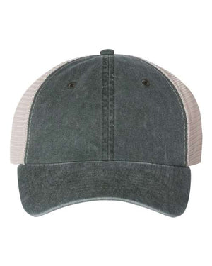 This image features a grey and white Sportsman Pigment-Dyed Snapback Trucker Hat with a low-profile design.