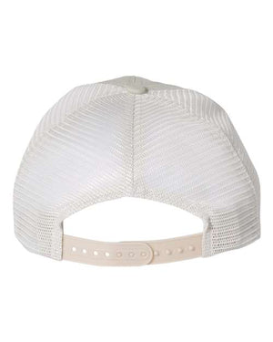 The low-profile white Sportsman trucker hat features a cotton/polyester blend and a visor.