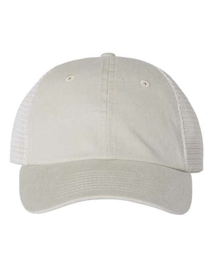 A beige Sportsman trucker cap with mesh back and cotton/polyester material.