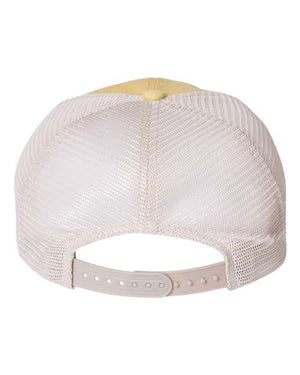 Here's a revised version of the sentence using the given product data:
Back view of the Sportsman Pigment-Dyed Snapback Trucker Hat - Custom Embroidered Hat, featuring a low-profile white mesh design, pre-curved visor, and adjustable strap, crafted from a cotton/polyester blend.