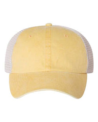 A front view of the Sportsman Pigment-Dyed Snapback Trucker Hat by Sportsman, showcasing its low-profile yellow front, white mesh back, and pre-curved visor.