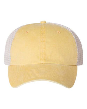 A front view of the Sportsman Pigment-Dyed Snapback Trucker Hat by Sportsman, showcasing its low-profile yellow front, white mesh back, and pre-curved visor.