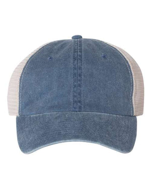 A low-profile Sportsman Pigment-Dyed Snapback Trucker Hat in blue denim with a beige mesh back and a plastic tab closure.