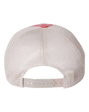 A Sportsman Pigment-Dyed Snapback Trucker Hat with a pink visor on a white background.