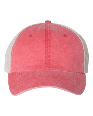Sentence with replaced product: A pink Sportsman Pigment-Dyed Snapback Trucker Hat with a low-profile visor made of cotton/polyester fabric.