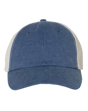 A front view of the Sportsman Pigment-Dyed Snapback Trucker Hat by Sportsman, featuring a low-profile design in blue with a white mesh backing, a curved brim, and crafted from a cotton/polyester blend.