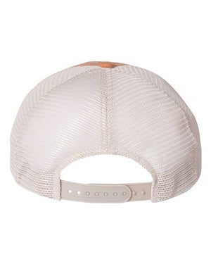 A low-profile white Sportsman Pigment-Dyed Snapback Trucker Hat with a mesh back, made of cotton/polyester.