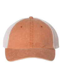 Front view of the Sportsman Pigment-Dyed Snapback Trucker Hat - Custom Embroidered Hat in orange and white, featuring a low-profile design, curved brim, mesh back panel, and plastic tab closure.