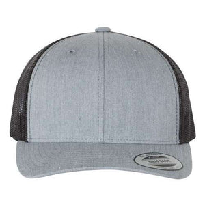 The YP Classics Yupoong Classics Six-Panel Retro Trucker Snapback Hat 6606, a custom embroidered hat in gray and black with a camo design, features a mesh back and snapback closure, displayed from the front.