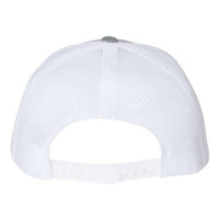 Back view of the YP Classics Yupoong 6606 retro trucker hat in white mesh with a camo pattern and an adjustable snapback closure.