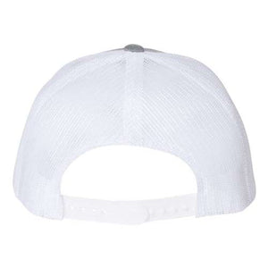 Back view of the YP Classics Yupoong 6606 retro trucker hat in white mesh with a camo pattern and an adjustable snapback closure.