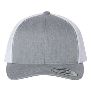 The YP Classics Yupoong Classics Six-Panel Retro Trucker Snapback Hat 6606 is a gray and white custom embroidered hat with a camo mesh back, featuring a curved brim and a snapback closure.