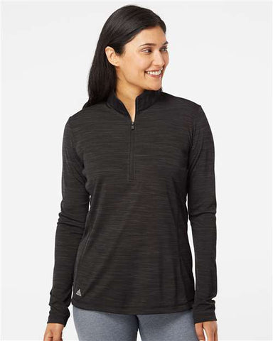 A woman in a black Adidas Women's Lightweight Melange Quarter-Zip Pullover.