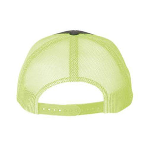Back view of the YP Classics vibrant neon green six-panel retro trucker hat, showcasing a mesh back and an adjustable snapback closure.