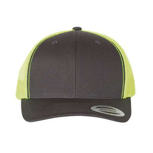 A YP Classics Yupoong Classics Six-Panel Retro Trucker Snapback Hat 6606, custom embroidered, featuring a dark gray and lime green design with a camo mesh back for breathability, a curved brim for sun protection, and an adjustable snapback closure for convenience.