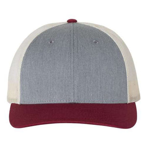 A structured grey and maroon Richardson 115 Low Pro Snapback Trucker Cap with a snapback closure on a white background.