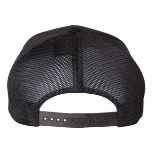 A black mesh Flexfit 110 Mesh-Back Trucker Hat with a Permacurv® visor on a white background.
