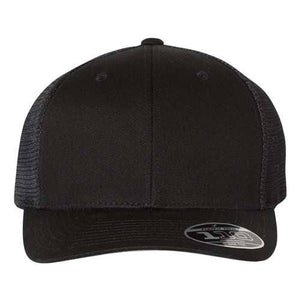 A black Flexfit trucker hat with a Snapback closure for adjustability.