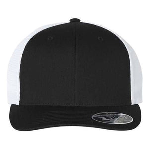 A black Flexfit trucker hat with Permacurv® visor.