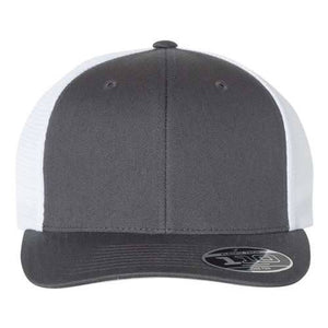 A Flexfit 110 Mesh-Back Trucker Hat with a Permacurv® visor, on a white background.